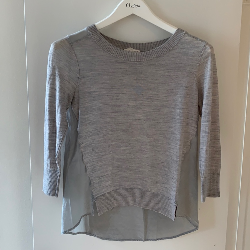 Club Monaco XS Light Grey thin merino wool Sweater w/ Silk back Panel